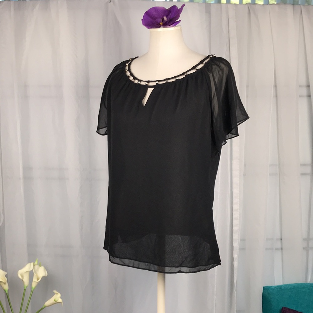 WHBM | Double Black Sheer Flutter Sleeve with Metal Bead Detail Blouse | Sz L